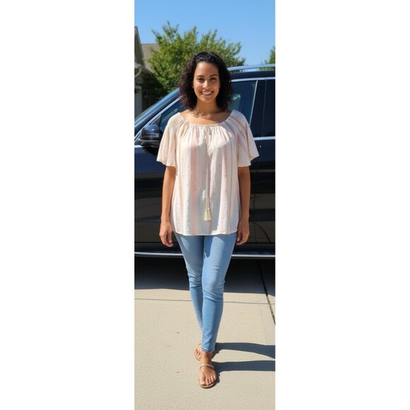 HARVÉ BENARD 2X Off Shoulder Top Blouse Pink Gold Foil Stripe Tassel - Picture 1 of 7